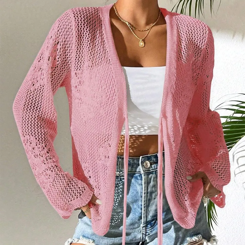 Sdencin Women Hollow Out Tie Front Crochet Knit Cardigan Autumn Long Sleeve Casual Loose Open Front Cardigan Cover Up