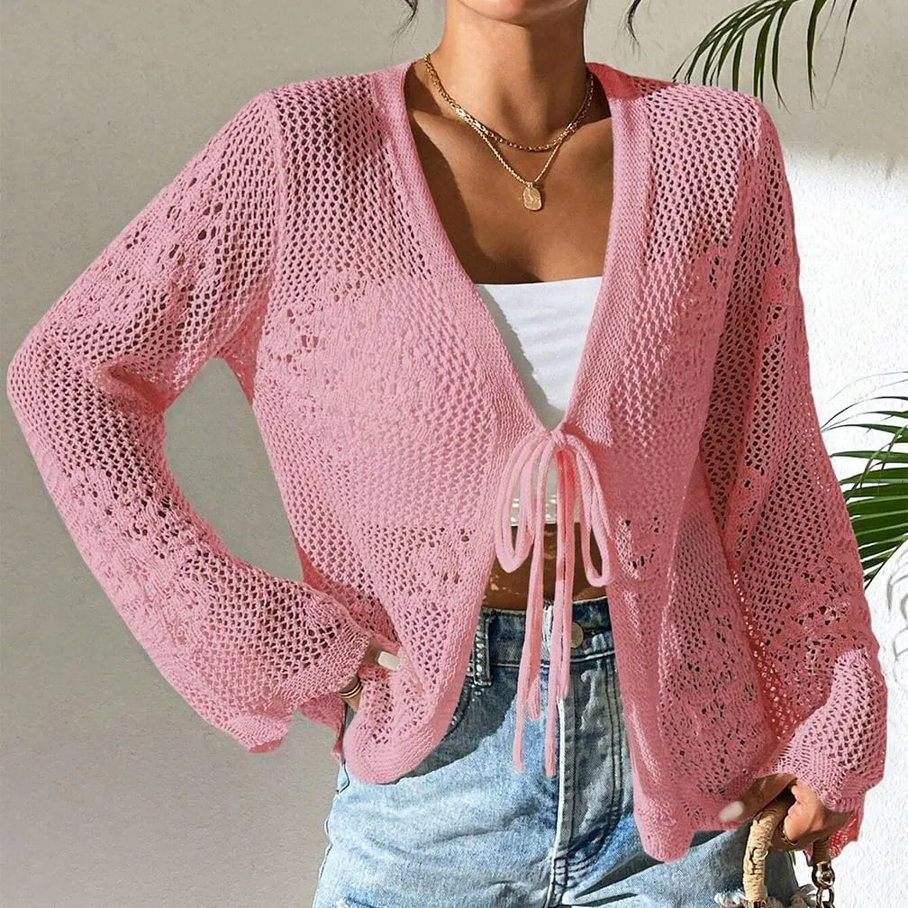 Sdencin Women Hollow Out Tie Front Crochet Knit Cardigan Autumn Long Sleeve Casual Loose Open Front Cardigan Cover Up