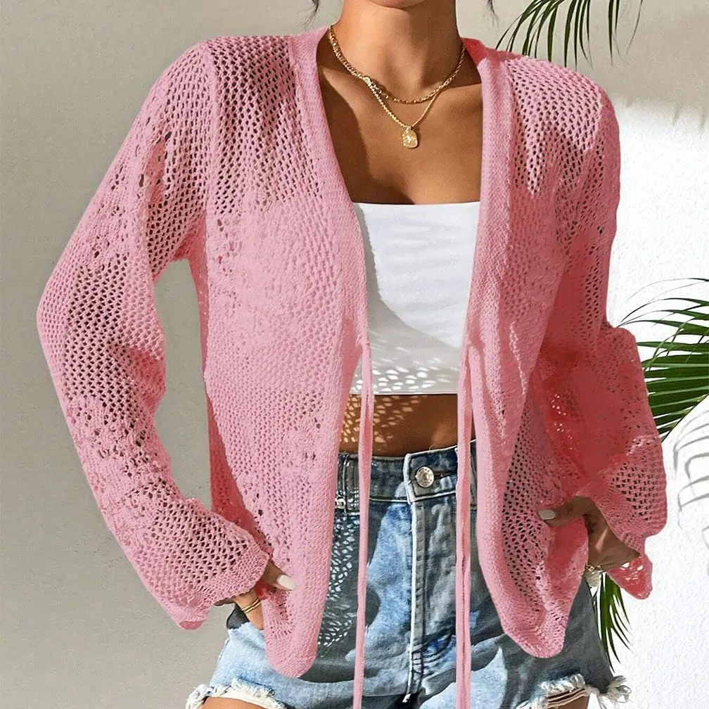 Sdencin Women Hollow Out Tie Front Crochet Knit Cardigan Autumn Long Sleeve Casual Loose Open Front Cardigan Cover Up