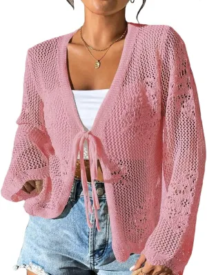 Sdencin Women Hollow Out Tie Front Crochet Knit Cardigan Autumn Long Sleeve Casual Loose Open Front Cardigan Cover Up