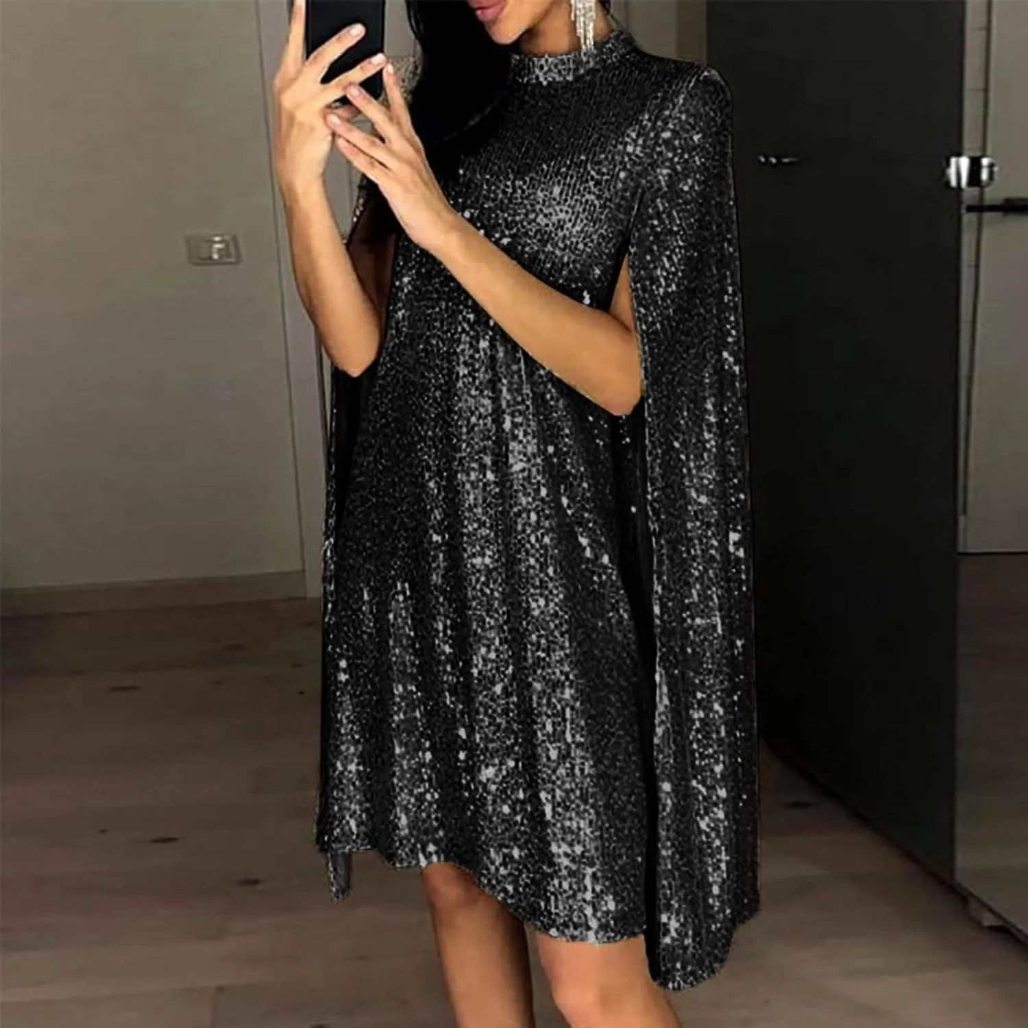 Sequin Mini Dress for Women Cloak Sleeve Shiny Club Night Cape Dresses Casual Party Cocktail Dress Wedding Guest Short Dress