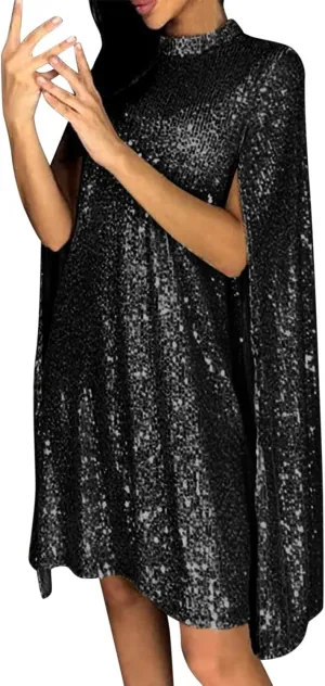 Sequin Mini Dress for Women Cloak Sleeve Shiny Club Night Cape Dresses Casual Party Cocktail Dress Wedding Guest Short Dress