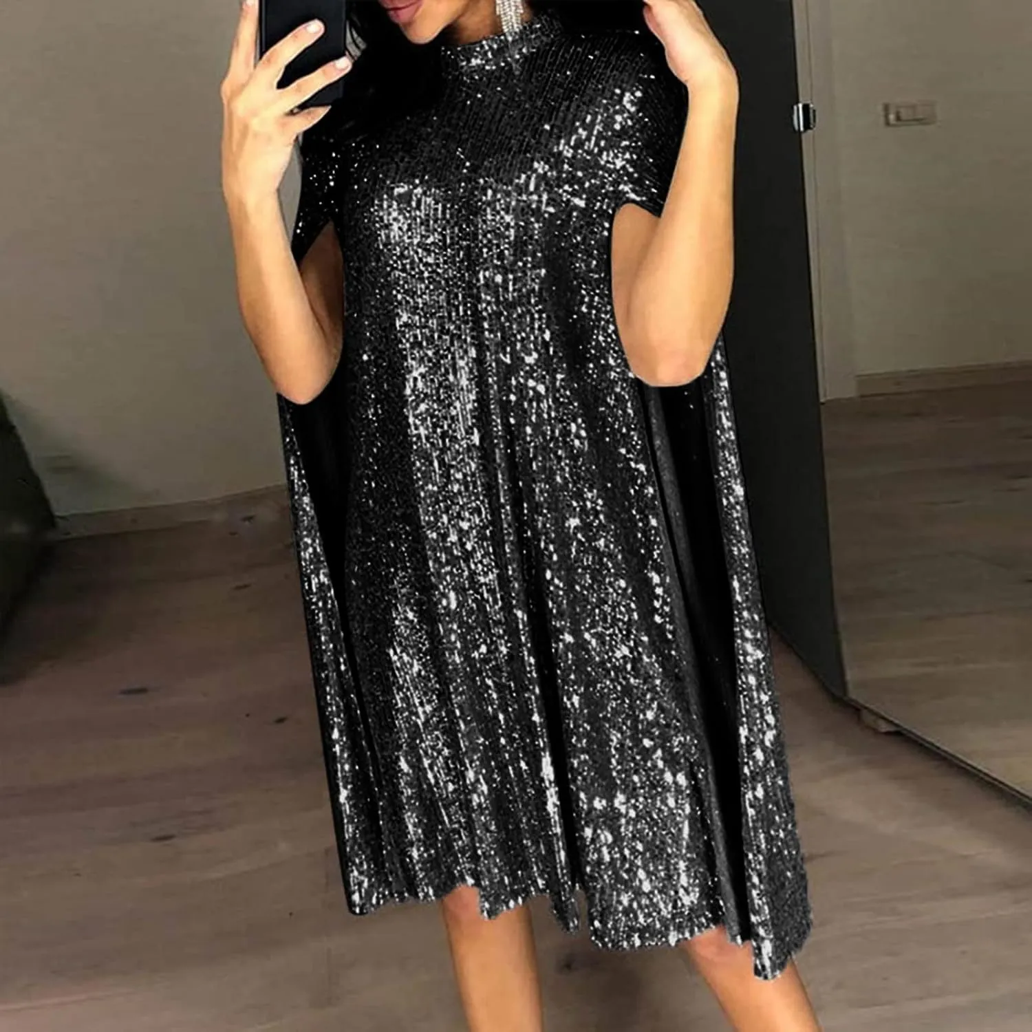 Sequin Mini Dress for Women Cloak Sleeve Shiny Club Night Cape Dresses Casual Party Cocktail Dress Wedding Guest Short Dress
