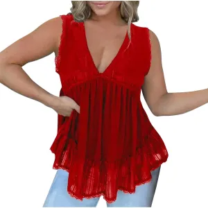 Sexy Lace Tank Tops for Women Casual Summer Solid Color V Nedk Sleeveless Vest Plus Size Flowy Hem Outdoor Camisole