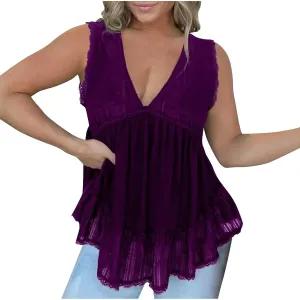 Sexy Lace Tank Tops for Women Casual Summer Solid Color V Nedk Sleeveless Vest Plus Size Flowy Hem Outdoor Camisole