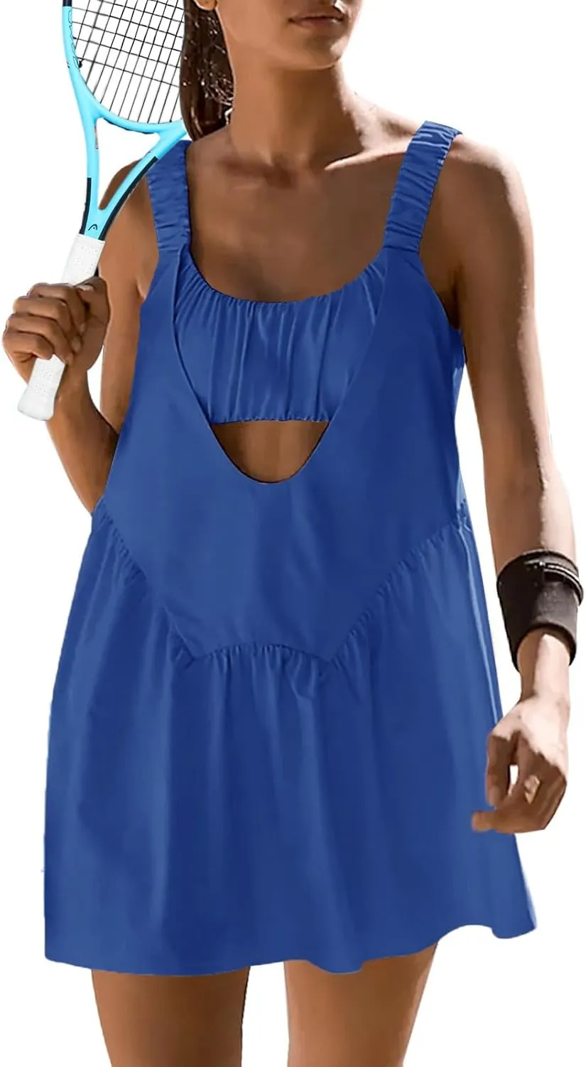 Sexyasasii Women Tennis Dress with Built in Shorts and Bra Sleeveless Casual Backless Golf Dress Athletic Dress with Pockets