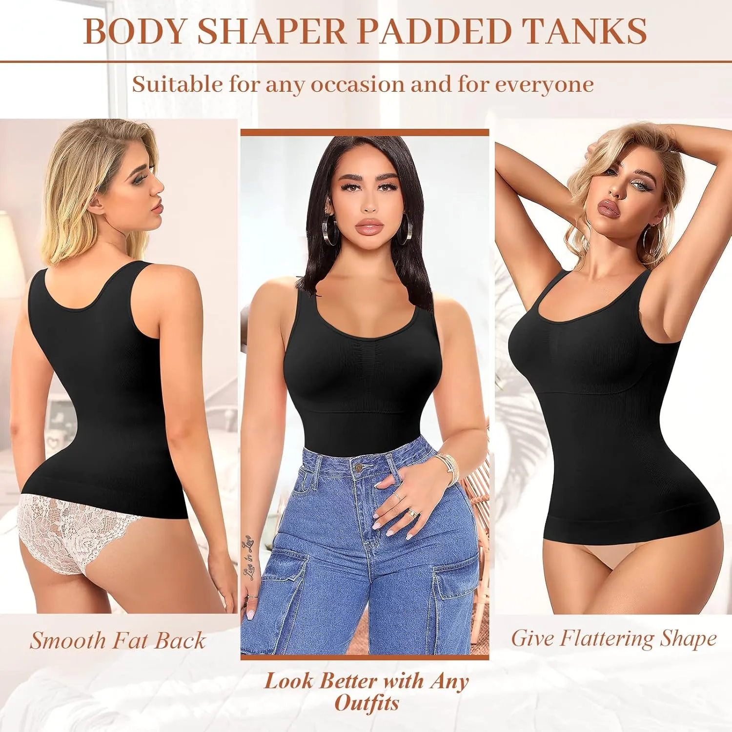 Shapewear Tank Tops for Women with Built in Bra Tummy Control Compression Camisoles Body Shaper Padded Tanks