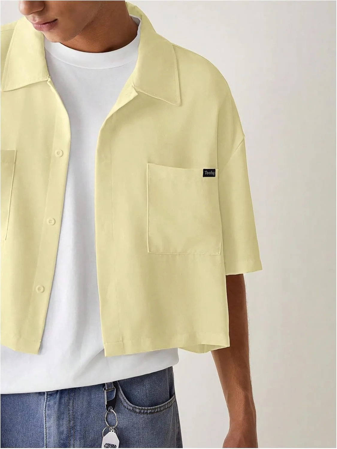 SHENHE Men's Summer Short Sleeve Button Down Crop Shirt Loose Fit Casual Shirt with Pockets