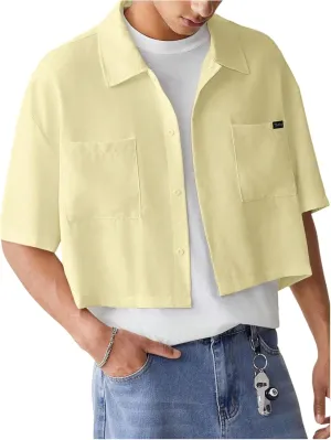 SHENHE Men's Summer Short Sleeve Button Down Crop Shirt Loose Fit Casual Shirt with Pockets