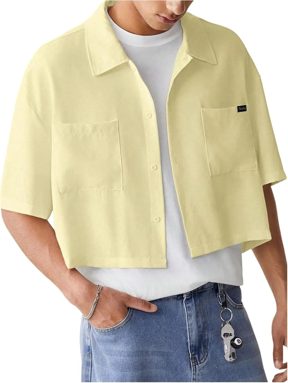SHENHE Men's Summer Short Sleeve Button Down Crop Shirt Loose Fit Casual Shirt with Pockets