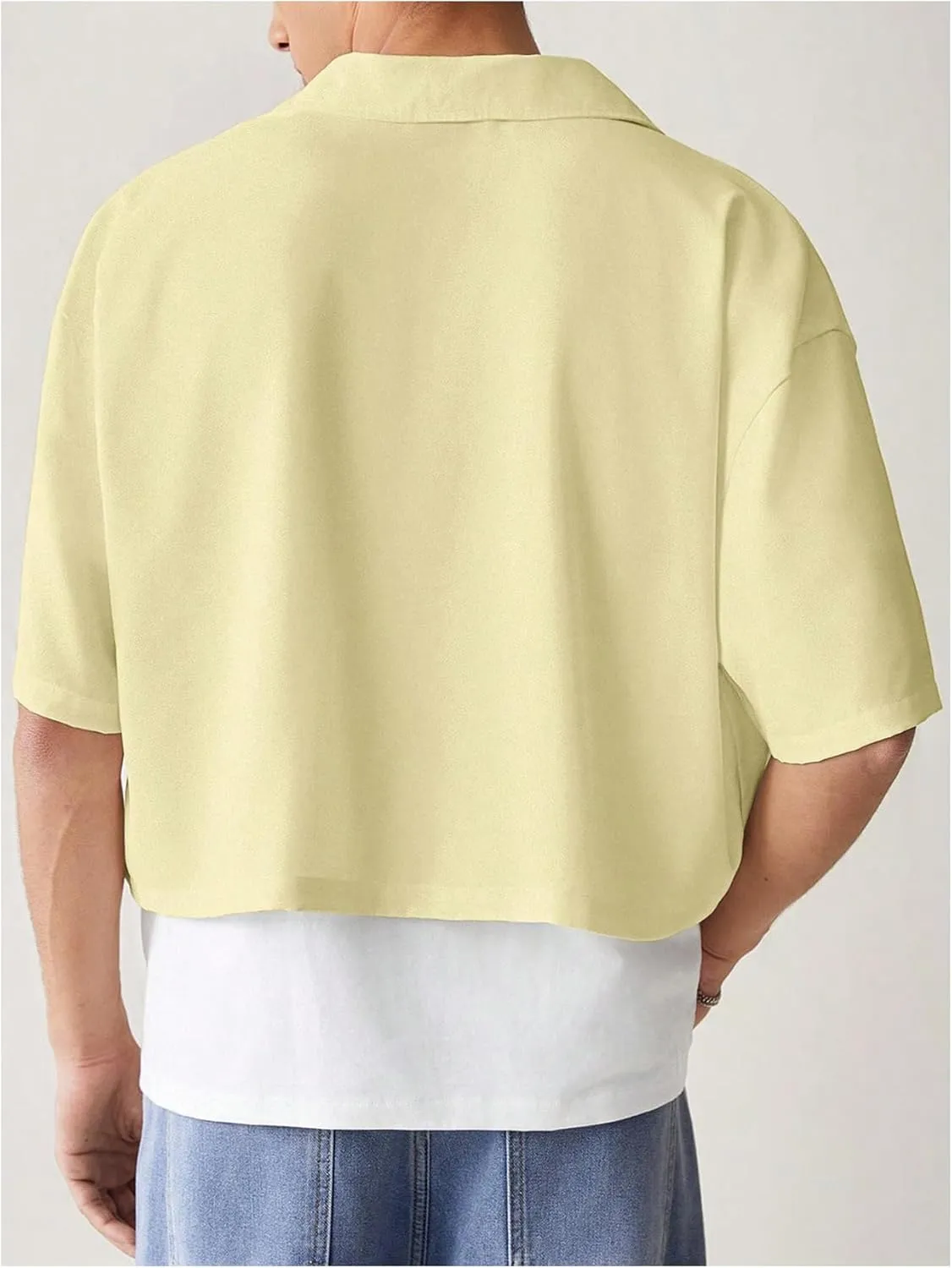 SHENHE Men's Summer Short Sleeve Button Down Crop Shirt Loose Fit Casual Shirt with Pockets