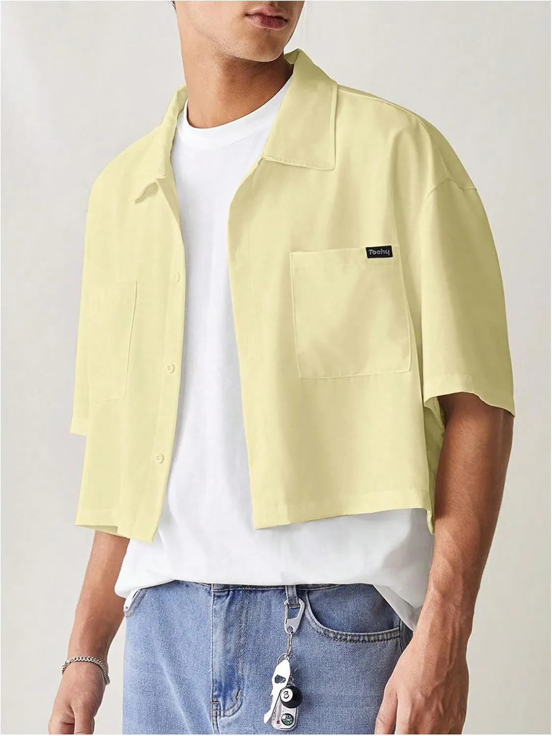 SHENHE Men's Summer Short Sleeve Button Down Crop Shirt Loose Fit Casual Shirt with Pockets