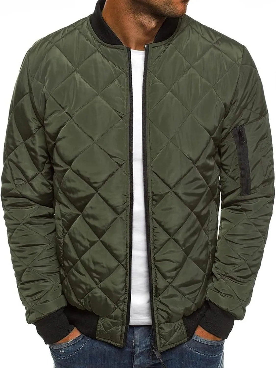 SHOPESSA Men's Winter Coat Casual Mock Neck Zip Up Down Jacket Padded Bomber Jacket Men Relaxed Fit Diamond Quilted Jackets