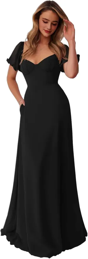 Short Sleeve Bridesmaid Dresses for Wedding Sweetheart Neck A Line Chiffon Corest Formal Wedding Guest Dress for Women