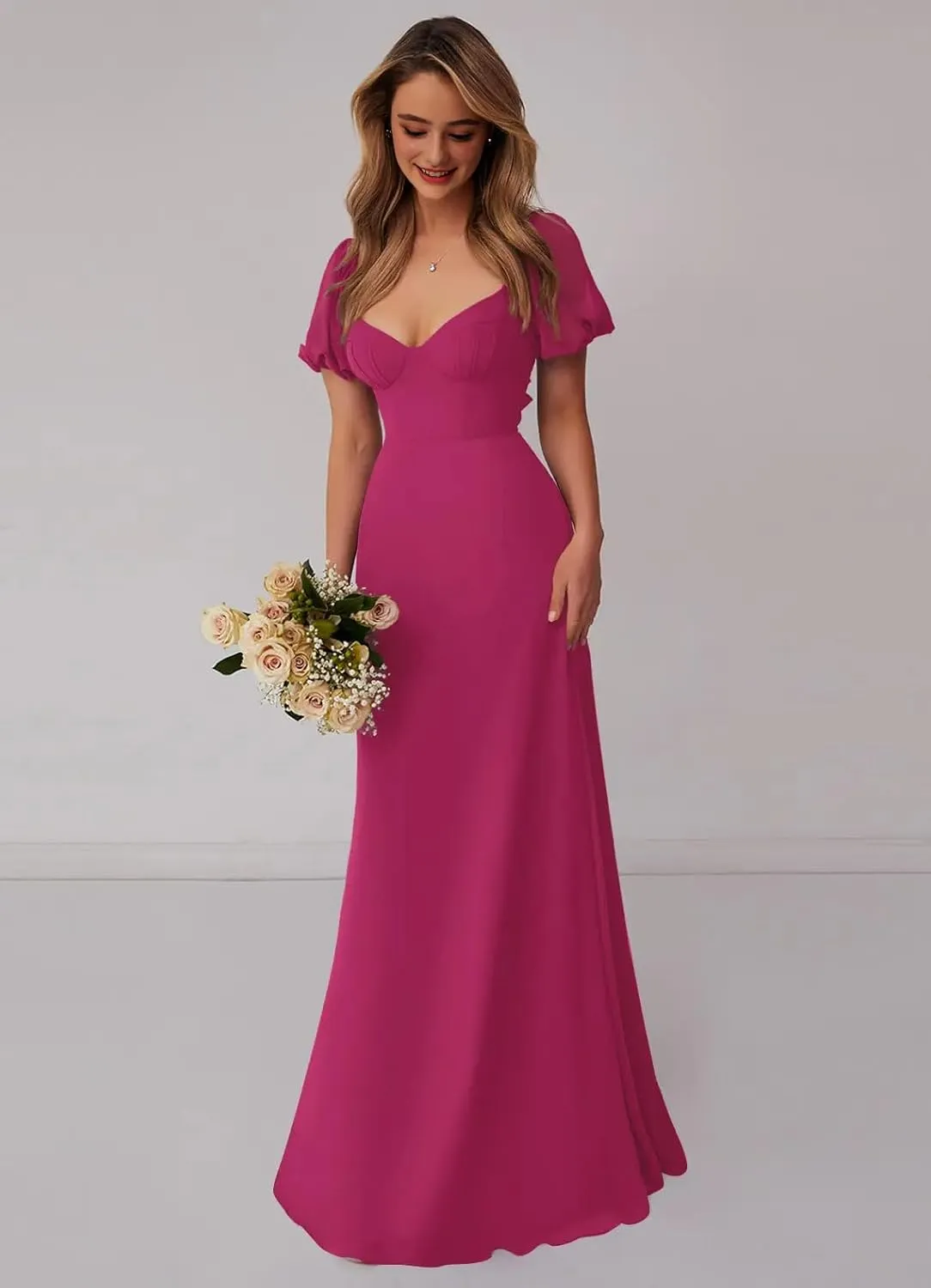 Short Sleeve Bridesmaid Dresses for Wedding Sweetheart Neck A Line Chiffon Corest Formal Wedding Guest Dress for Women