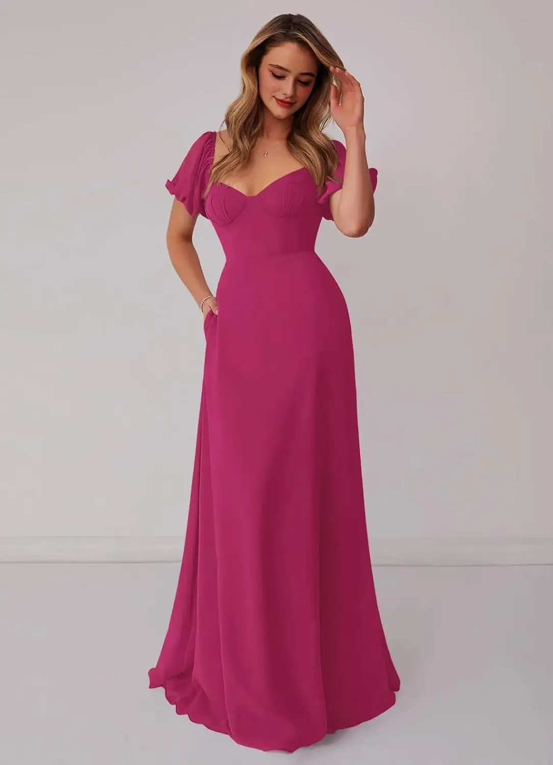 Short Sleeve Bridesmaid Dresses for Wedding Sweetheart Neck A Line Chiffon Corest Formal Wedding Guest Dress for Women