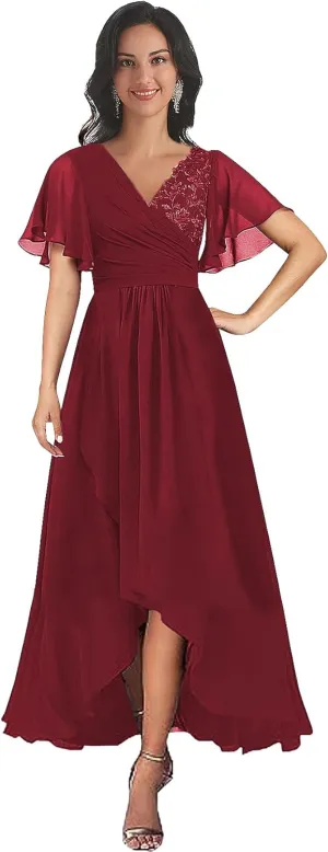 Short Sleeve Mother of The Bride Dresses for Women Tea Length V Neck Lace Chiffon Mother Groom Gown with Pockets