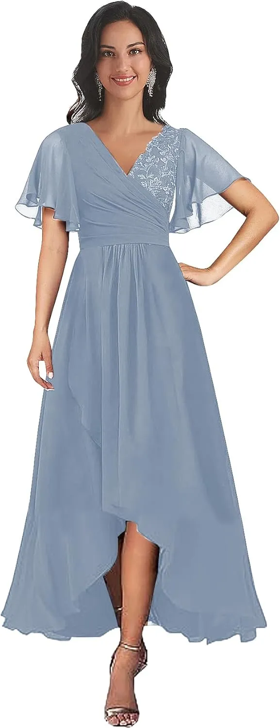 Short Sleeve Mother of The Bride Dresses for Women Tea Length V Neck Lace Chiffon Mother Groom Gown with Pockets