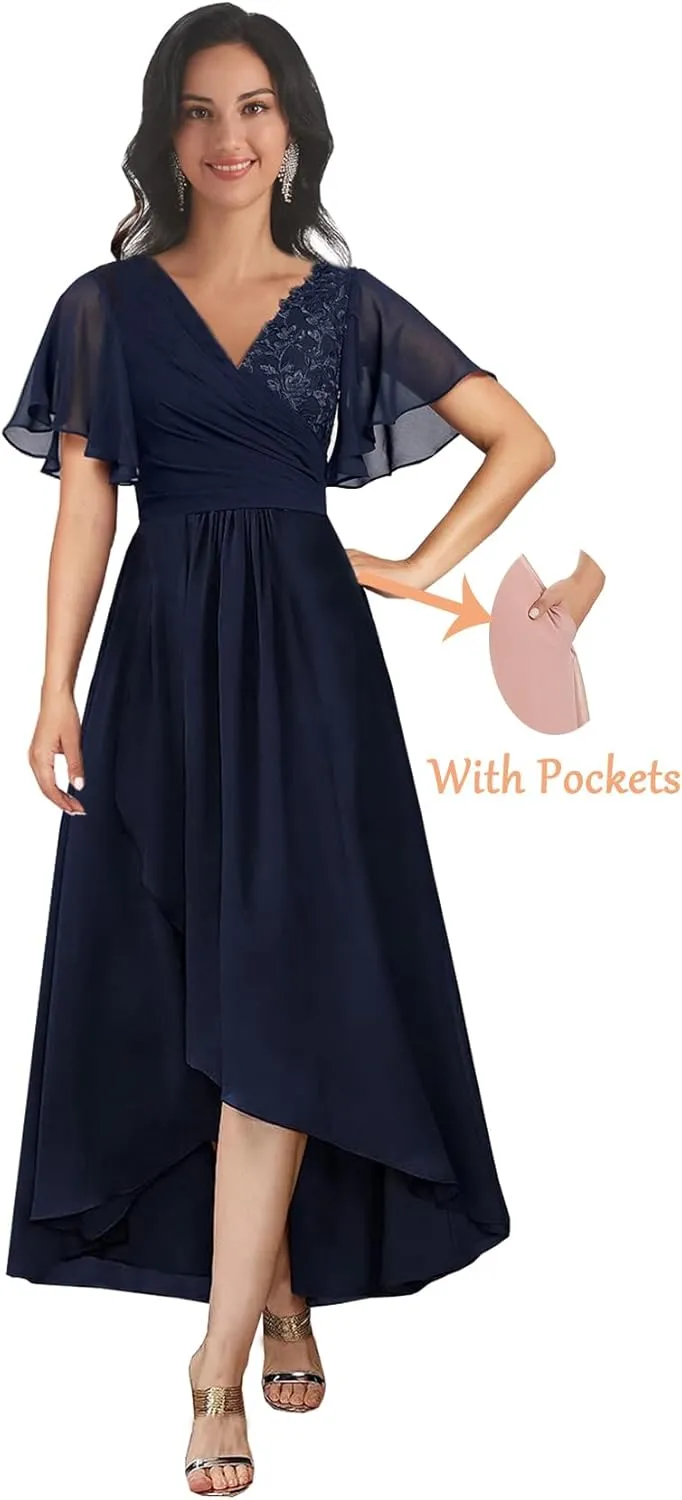 Short Sleeve Mother of The Bride Dresses for Women Tea Length V Neck Lace Chiffon Mother Groom Gown with Pockets
