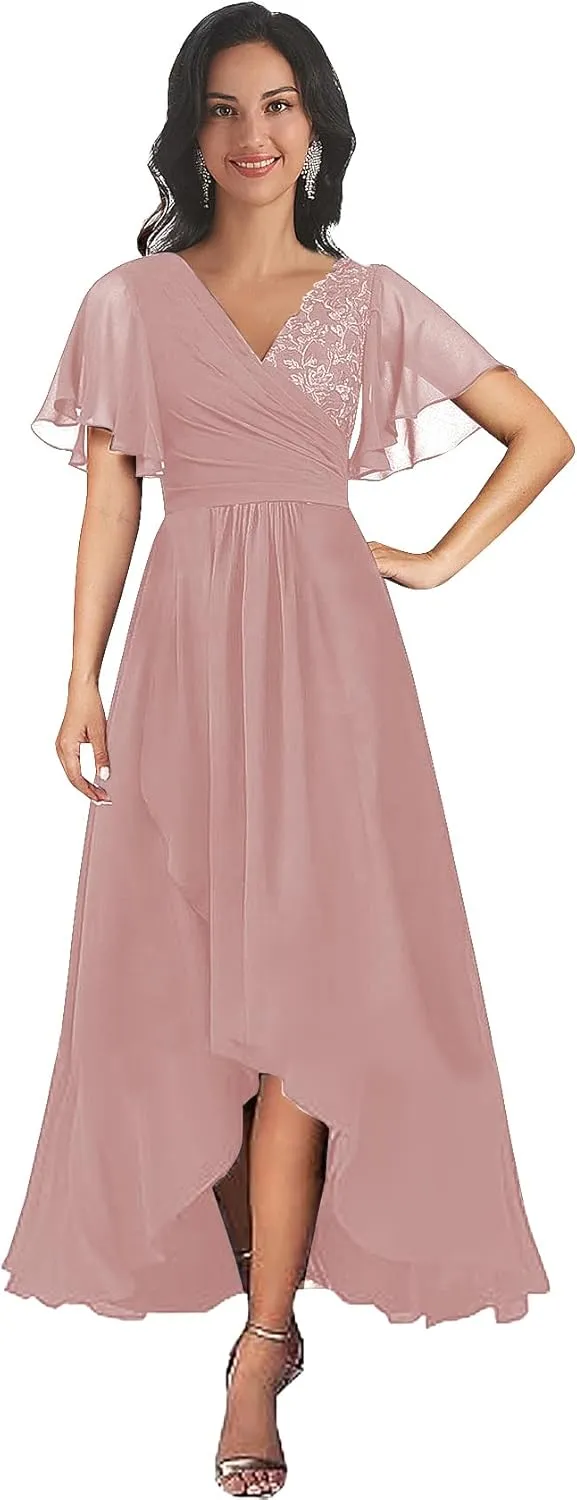 Short Sleeve Mother of The Bride Dresses for Women Tea Length V Neck Lace Chiffon Mother Groom Gown with Pockets