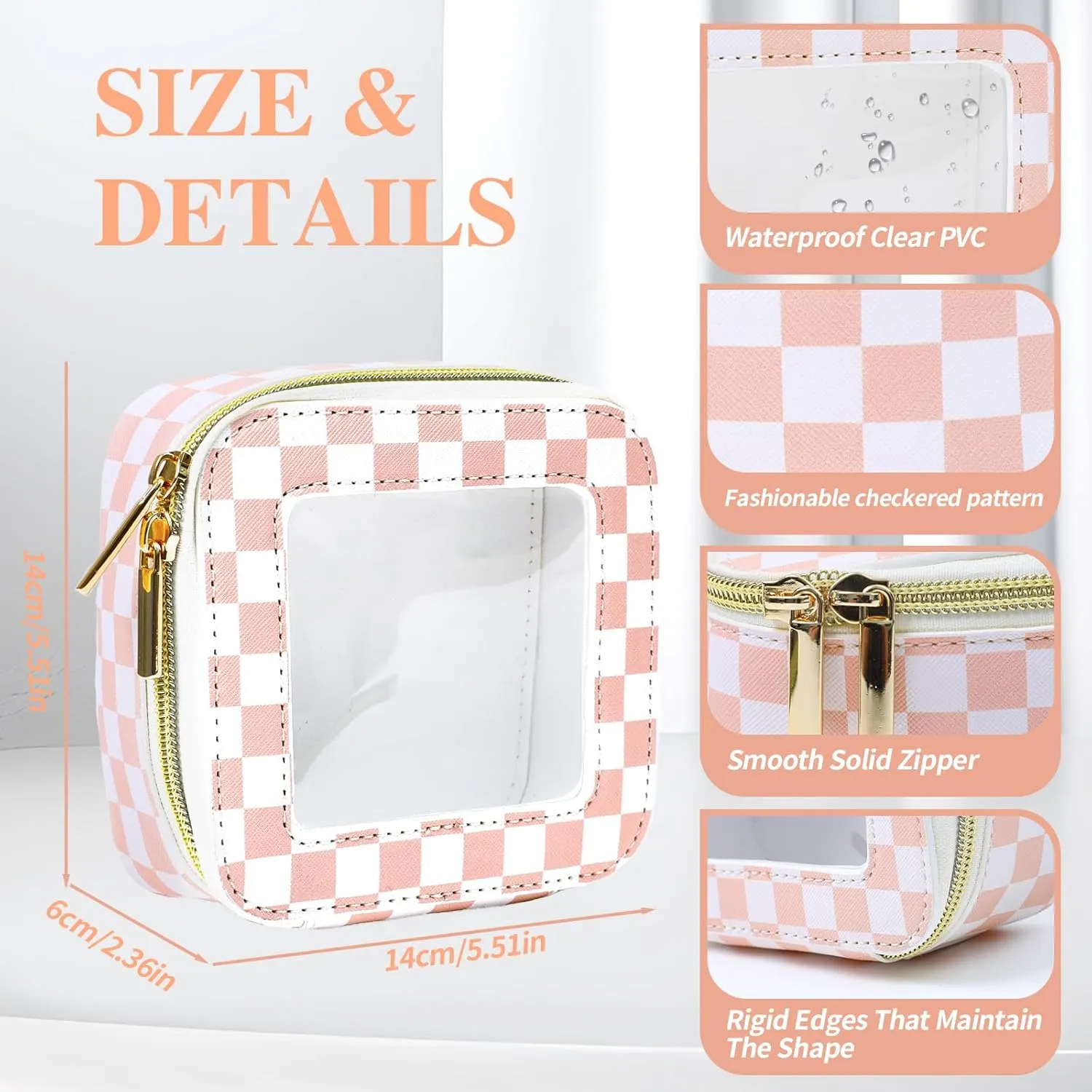 Small Clear Toiletry bag,Car Makeup Bag,Travel Checkered Cosmetic Bag for Women,Mini Zipper Case (Light brown-Checkered)