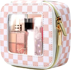 Small Clear Toiletry bag,Car Makeup Bag,Travel Checkered Cosmetic Bag for Women,Mini Zipper Case (Light brown-Checkered)