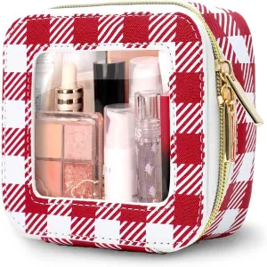 Small Clear Toiletry bag,Car Makeup Bag,Travel Checkered Cosmetic Bag for Women,Mini Zipper Case(Burgundy-Checkered)