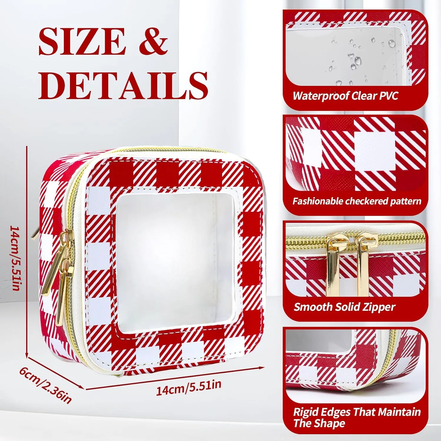 Small Clear Toiletry bag,Car Makeup Bag,Travel Checkered Cosmetic Bag for Women,Mini Zipper Case(Burgundy-Checkered)