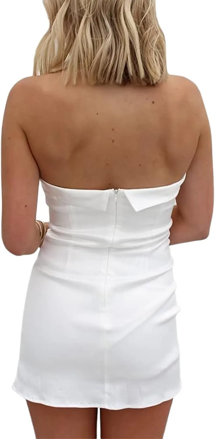 SOLILOQUY Women Y2K Tube Mini Dress Sexy Strapless Off Shoulder Slim Flare Ruffle Short Dress Party Club Streetwear