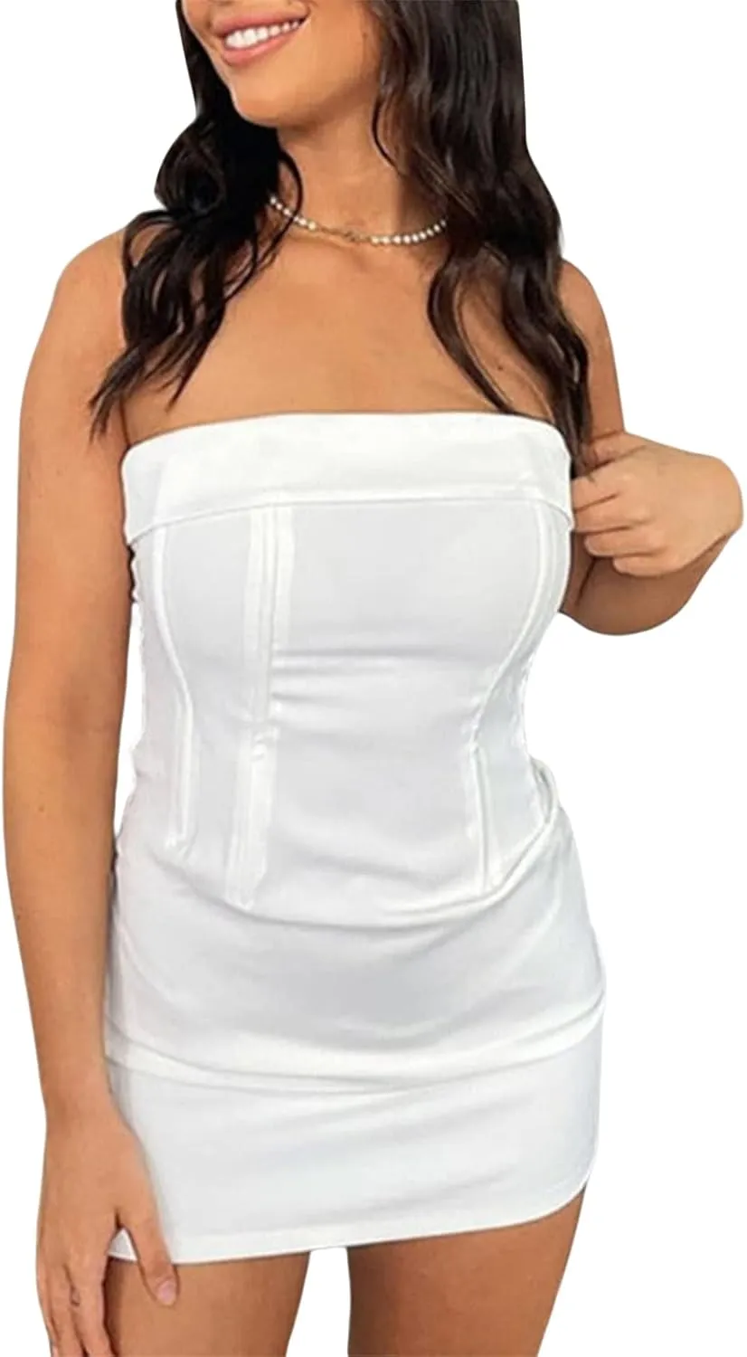 SOLILOQUY Women Y2K Tube Mini Dress Sexy Strapless Off Shoulder Slim Flare Ruffle Short Dress Party Club Streetwear