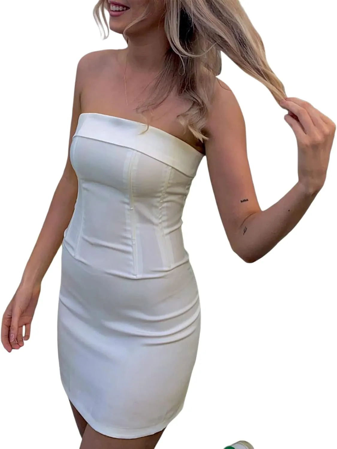 SOLILOQUY Women Y2K Tube Mini Dress Sexy Strapless Off Shoulder Slim Flare Ruffle Short Dress Party Club Streetwear