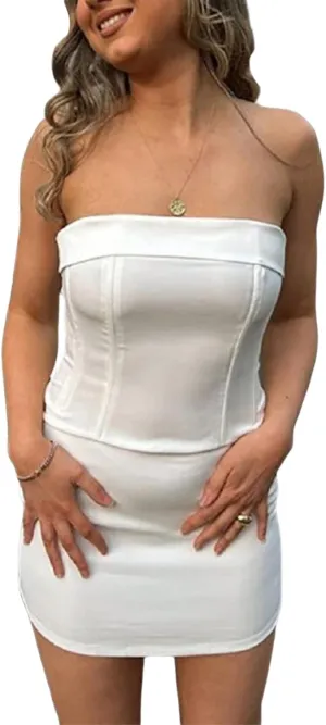 SOLILOQUY Women Y2K Tube Mini Dress Sexy Strapless Off Shoulder Slim Flare Ruffle Short Dress Party Club Streetwear