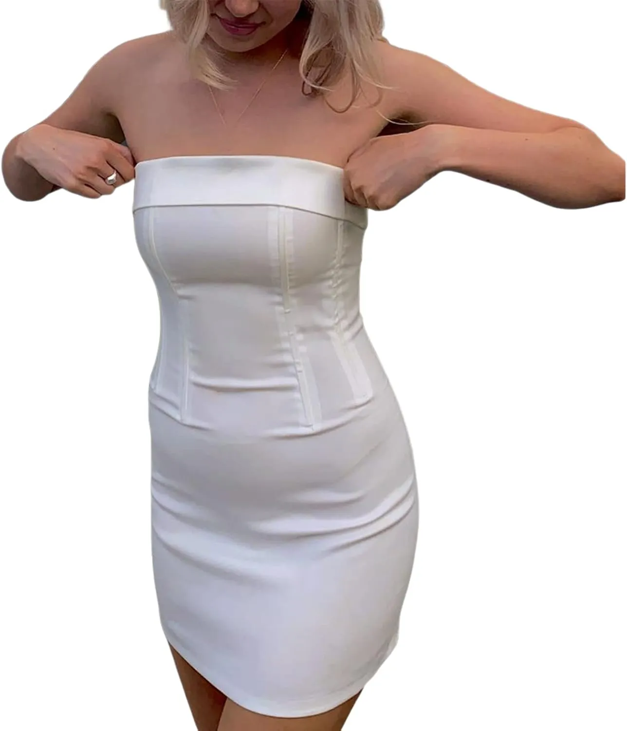 SOLILOQUY Women Y2K Tube Mini Dress Sexy Strapless Off Shoulder Slim Flare Ruffle Short Dress Party Club Streetwear