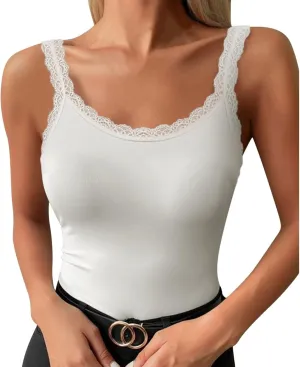 Square Neck Tops for Women Sleeveless Cute Tank Tops with Lace Trim Casual Slim Fit Ribbed Summer Camisole Clothing