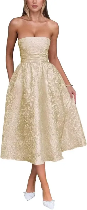Strapless Jacquard Floral Satin Prom Dresses A Line Corset Midi Homecoming Dress for Teens