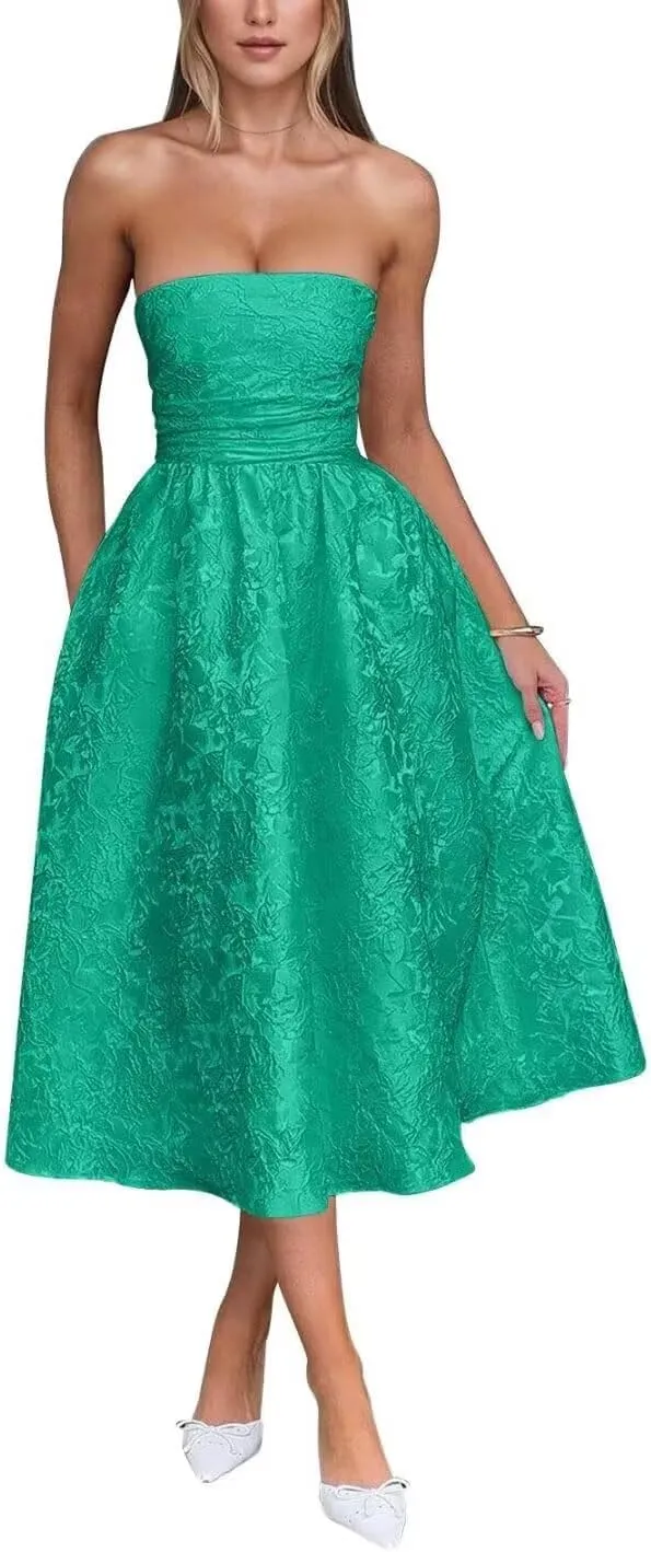 Strapless Jacquard Floral Satin Prom Dresses A Line Corset Midi Homecoming Dress for Teens