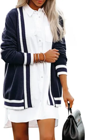Striped Cardigan Sweaters for Women Knit Open Front Long Cardigan Colorblock Varsity Trendy Tennis Cardigan with Pockets