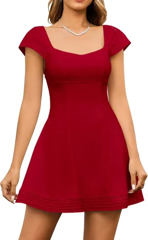 Summer Cap Sleeve Mini Dress Cute Sweetheart Neckline Flowy A Line Short Graduation Dresses for Women