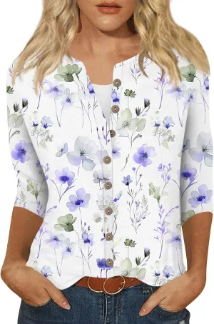 Summer Cardigan for Women Lightweight 3/4 Sleeve Open Front Casual Beach Shirts Button Down Cropped Cardigan Sweaters
