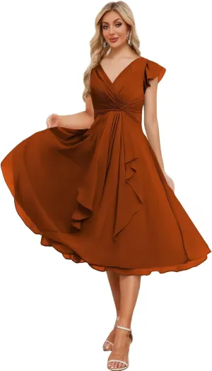Summer Chiffon Short Bridesmaid Dresses for Women Short Sleeve V Neck Wedding Guest Dress with Ruffled MAOF030