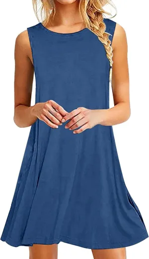 Summer Dresses for Women 2024 Crewneck Sleeveless Swing Solid Color Sundress Trendy Casual Vacation Beach Midi Dress