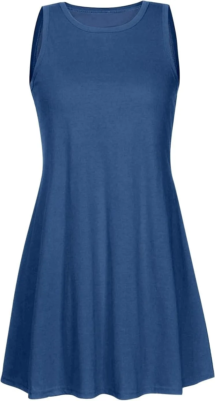 Summer Dresses for Women 2024 Crewneck Sleeveless Swing Solid Color Sundress Trendy Casual Vacation Beach Midi Dress