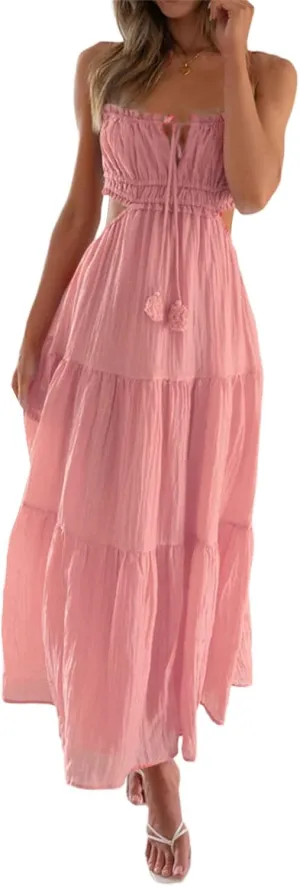Summer Floral Maxi Dress for Women Spaghetti Strap Square Neck Ruffle Aline Long Dress Cottagecore Bustier Sundress