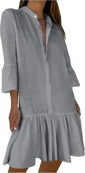 T-Shirt Dress for Women 2025 Trendy Casual Summer 3/4 Sleeve Dress Ruffle Hem Button Up Cotton Linen Dresses