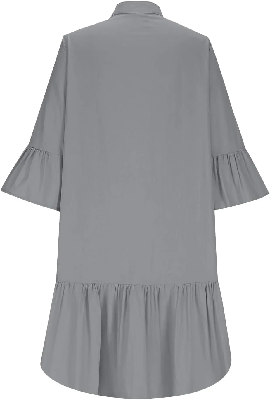 T-Shirt Dress for Women 2025 Trendy Casual Summer 3/4 Sleeve Dress Ruffle Hem Button Up Cotton Linen Dresses