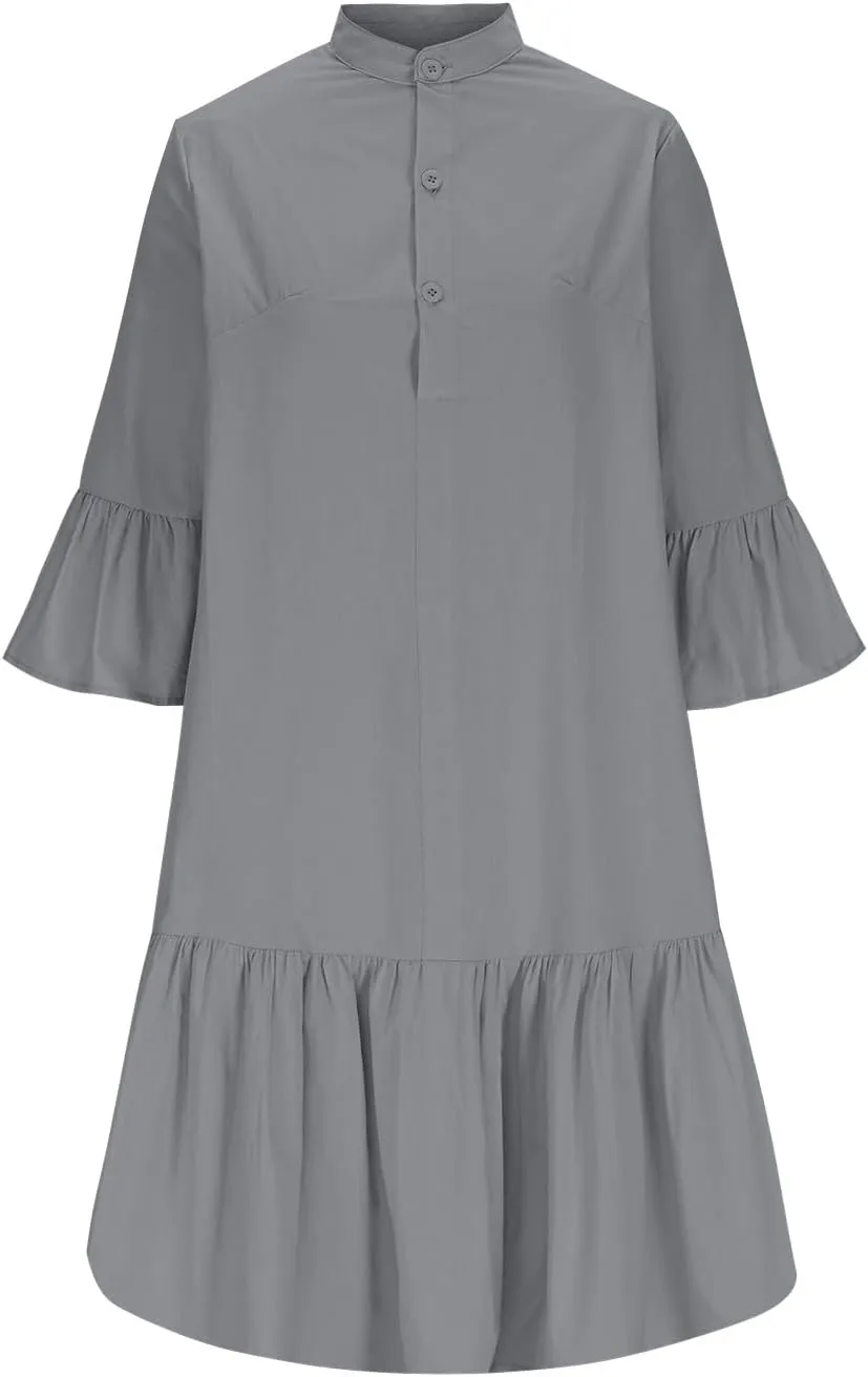 T-Shirt Dress for Women 2025 Trendy Casual Summer 3/4 Sleeve Dress Ruffle Hem Button Up Cotton Linen Dresses