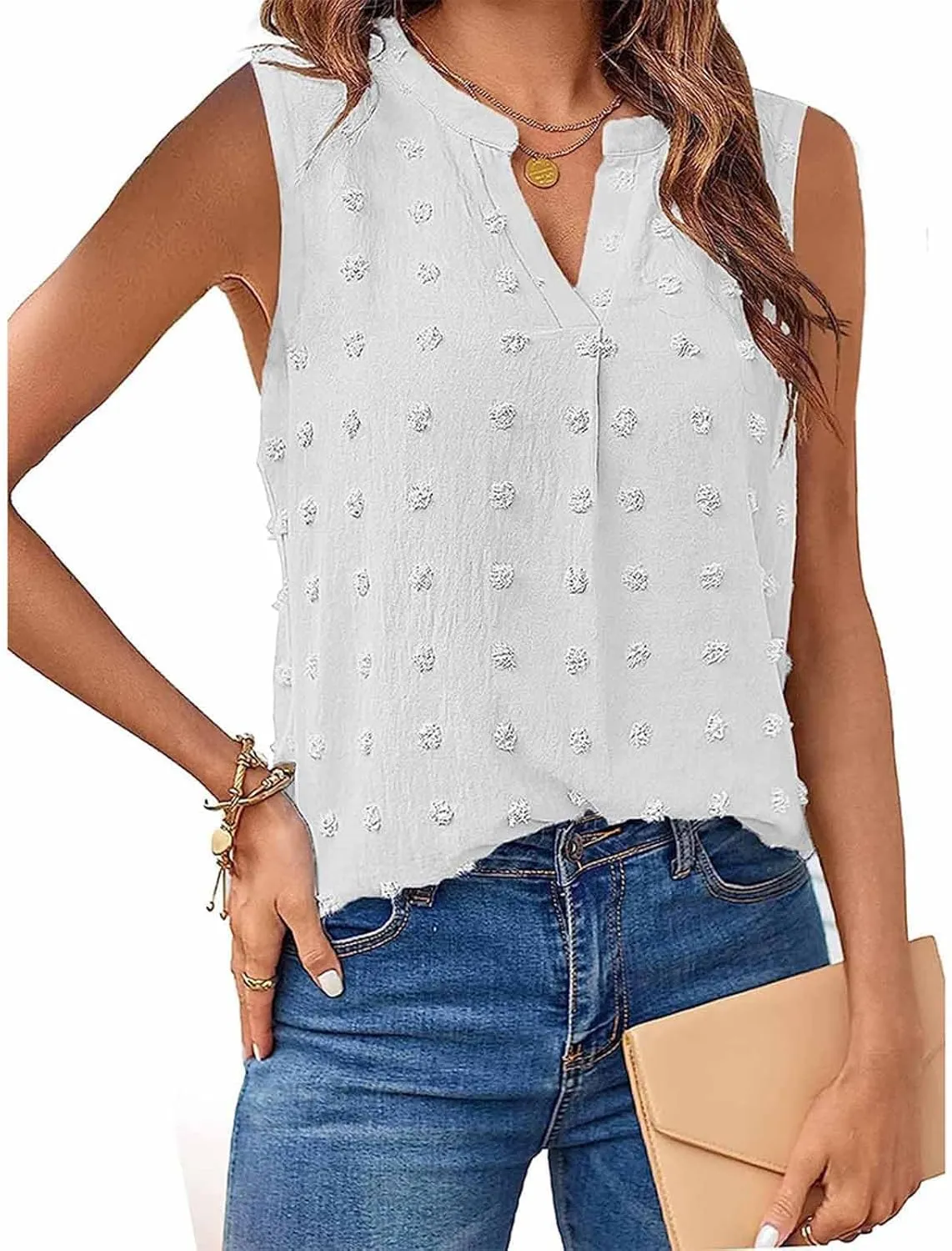 Tank Tops for Women 2024 V Neck Swiss Dot Dressy Casual Shirt Summer Sleeveless Blouse Solid Basic Vest Camisole