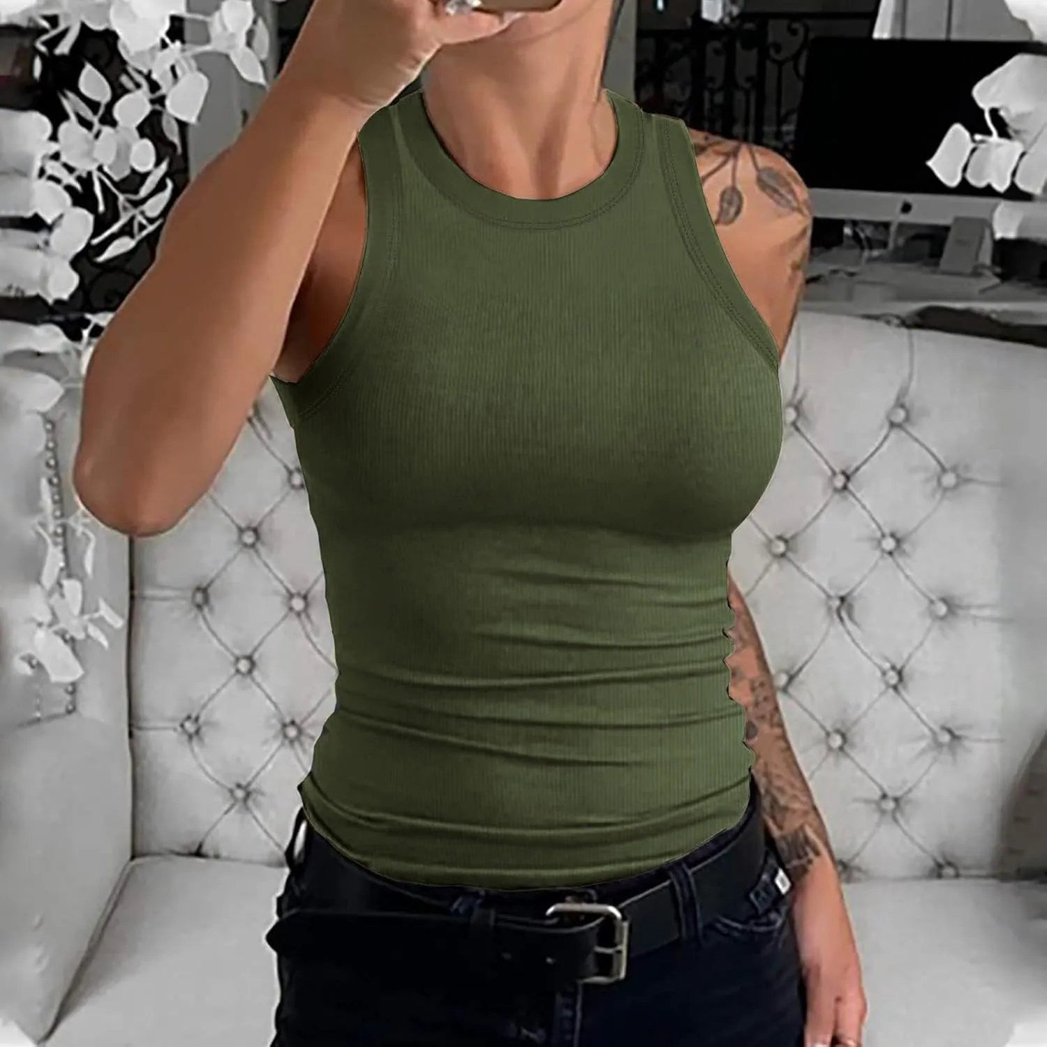 Tank Tops for Women, Racerback Ribbed Tank Top, Women Slim Knit Basic Summer Tops Going Out Tops Long Sleeveless Shirts