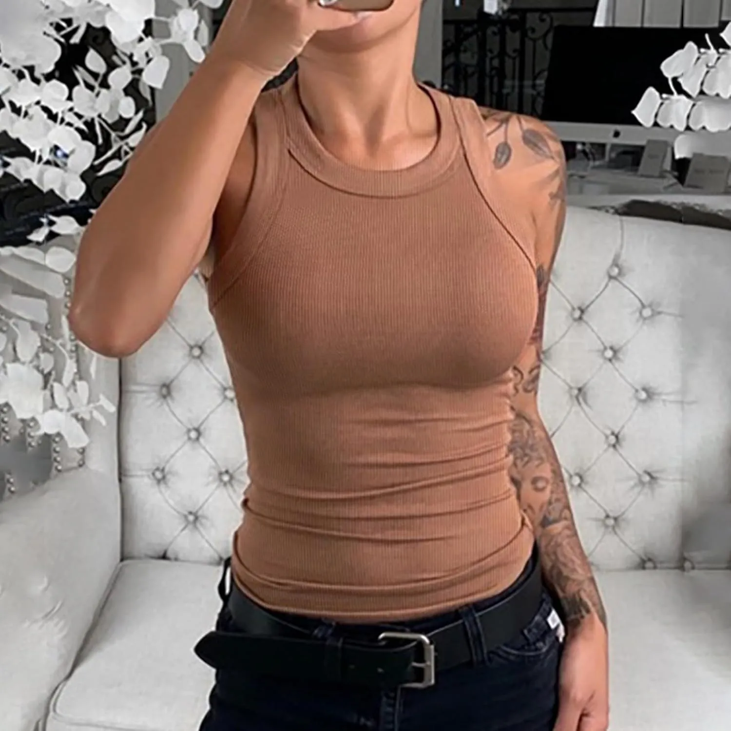 Tank Tops for Women, Racerback Ribbed Tank Top, Women Slim Knit Basic Summer Tops Going Out Tops Long Sleeveless Shirts