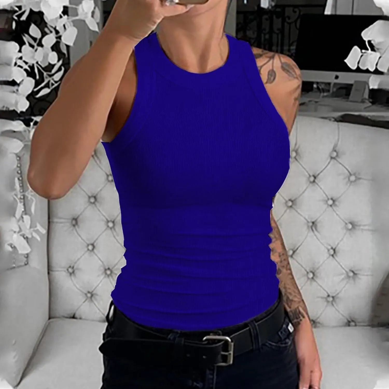 Tank Tops for Women, Racerback Ribbed Tank Top, Women Slim Knit Basic Summer Tops Going Out Tops Long Sleeveless Shirts